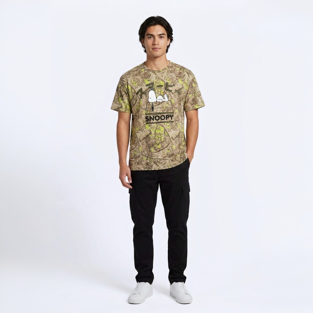 Peanuts Snoopy T-Shirt Large Japanese Katakana Tree Bark Neon Camo Graphic NWOT